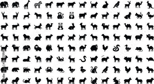 A large collection of animal silhouette icons featuring wildlife, pets, and farm animals, perfect for graphic design, branding, stickers, and digital illustration projects.