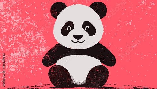 Cute panda bear sitting on pink background with grunge texture