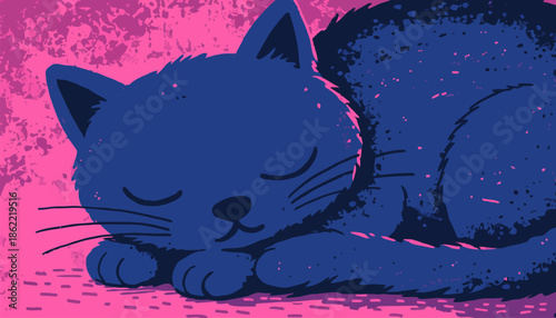 Sleeping cat in vibrant pink and blue colors relaxes peacefully