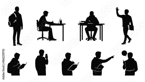 Silhouettes of people in various everyday activities and professional settings