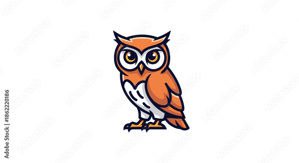 Obraz premium Cute cartoon owl with big eyes and orange feathers standing alone