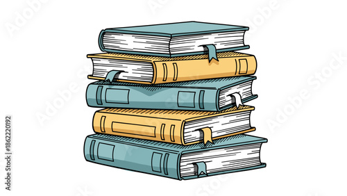 Stacked books hand-drawn sketch illustration with bookmarks and watercolor accents on white background