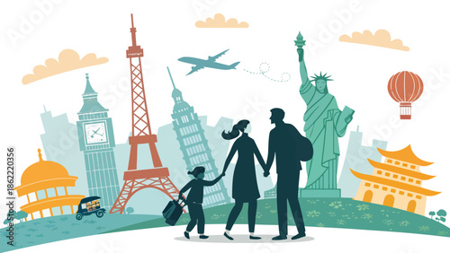 Family on vacation exploring iconic landmarks worldwide together