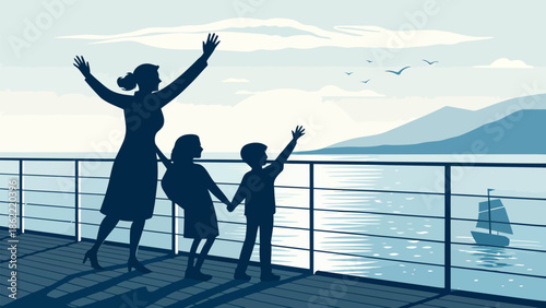 Happy family enjoying scenic view on a pier by the sea