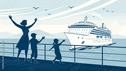 Family waving at cruise ship from pier with scenic mountain view
