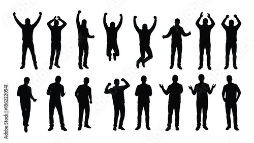 Silhouettes of people in various poses celebrating exercising and standing