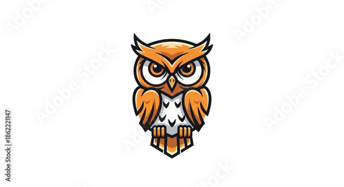 Vibrant orange cartoon owl with big eyes on white background