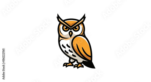Vibrant cartoon owl with sharp gaze and bold orange feathers standing strong