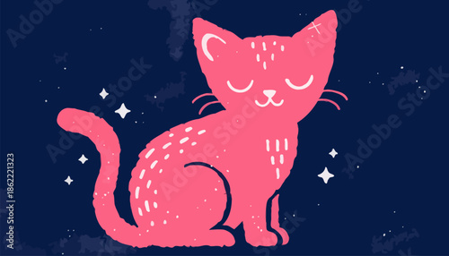 Cute pink cat sitting peacefully under starry night sky