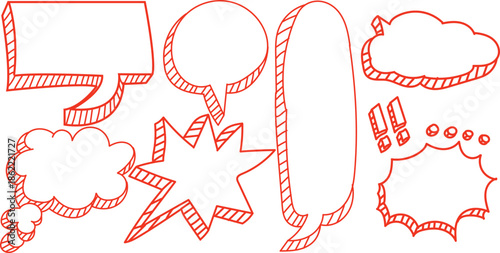Collection of hand drawn speech bubble shapes and comic style text balloons sketched in red outline