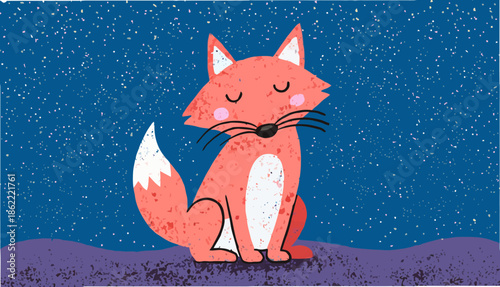 Cute cartoon fox sitting peacefully under starry night sky