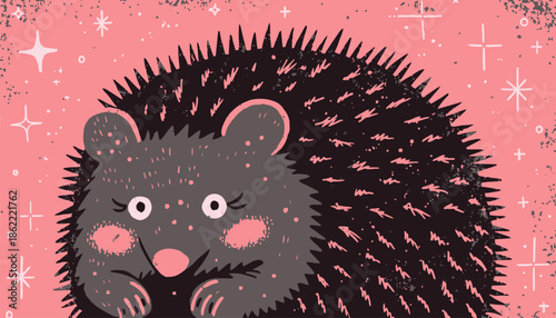 Cute cartoon hedgehog with pink background and stars