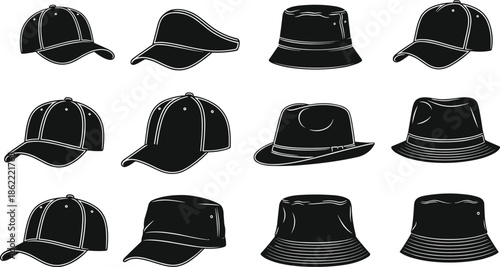 Black Silhouette Hat Collection Featuring Baseball, Bucket, Fedora, and Military Styles for Fashion Design and Headwear Illustration Use