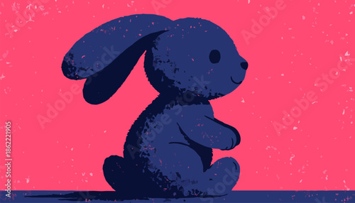 Cute distressed blue bunny on pink background with grunge effect