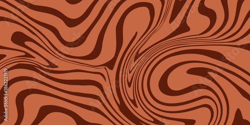 Retro Coffee Color Background. Liquid chocolate milk dessert texture. Wavy swirl candy pattern for poster, cover, banner, flyer. Classic 60s or 70s style brown trippy hippie wallpaper. Vector