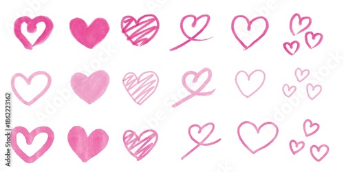 手描き風ピンクハートのセット素材 /Hand Drawn Pink Heart Set