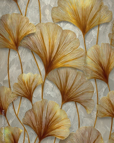 Elegant Ginkgo Leaves Pattern on Textured Background in Gold Tones