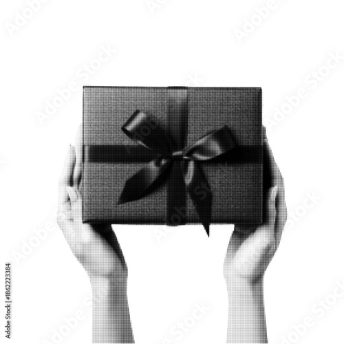 Hands holding a wrapped gift box with ribbon in black and white halftone style. Minimal concept of celebration, surprise, holiday present, giving and generosity on white background.