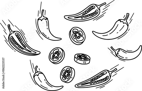 Falling or Floating Whole and Sliced Chilli Peppers Black and White Outline Line Art Drawing
