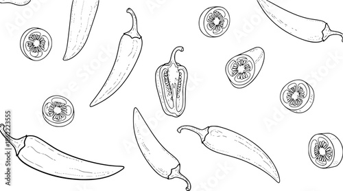 Falling or Floating Whole and Sliced Chilli Peppers Black and White Outline Line Art Drawing
