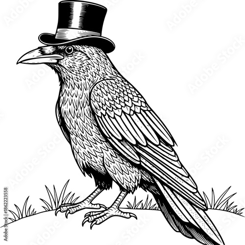 Raven Crow Wearing Top Hat in Detailed Black and White Outline Line Art Drawing
