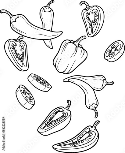Falling or Floating Whole and Sliced Chilli Peppers Black and White Outline Line Art Drawing
