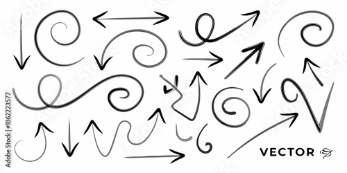 Collection of hand drawn swirl and arrow shapes in black and white style