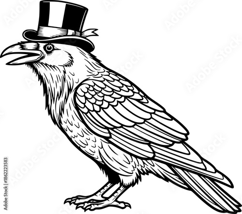 Raven Crow Wearing Top Hat in Detailed Black and White Outline Line Art Drawing
