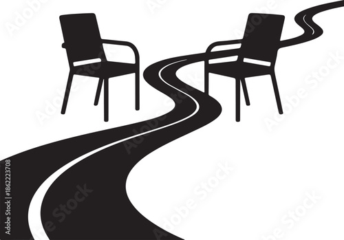 Two char in a river side flat black vector silhouette art