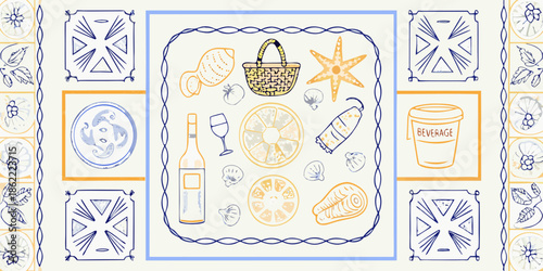 A charming illustration of summer picnic elements on a tiled background