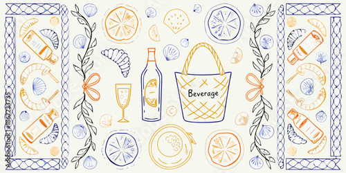 A charming illustration of citrus fruits pastries and summer picnic essentials