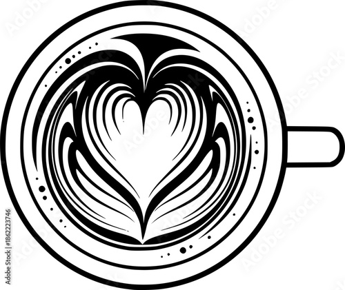 Top View of a Cup of Coffee with Beautiful Heart Shaped Latte Art Black and White Outline Line Art Drawing
