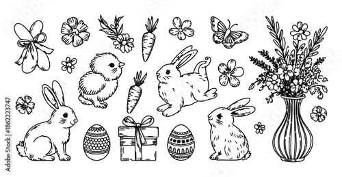 Set of easter and spring icons, hand drawn illustration with bunnies, eggs, carrots, flowers