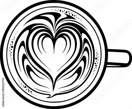 Top View of a Cup of Coffee with Beautiful Heart Shaped Latte Art Black and White Outline Line Art Drawing
