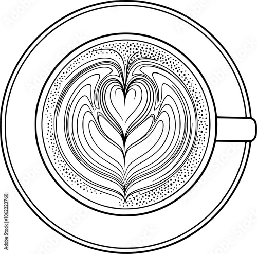 Top View of a Cup of Coffee with Beautiful Heart Shaped Latte Art Black and White Outline Line Art Drawing
