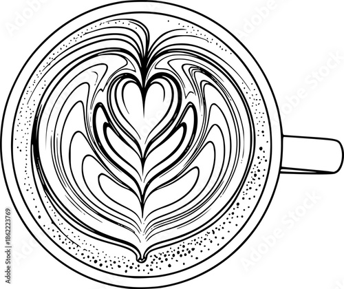 Top View of a Cup of Coffee with Beautiful Heart Shaped Latte Art Black and White Outline Line Art Drawing
