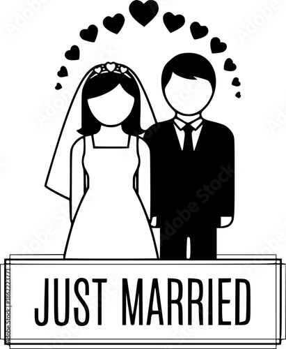 Just married. Lettering phrase on white background. Design element for greeting card, t shirt, poster. Vector illustration
