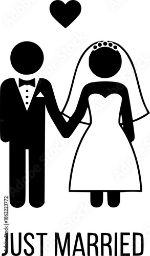 Just married. Lettering phrase on white background. Design element for greeting card, t shirt, poster. Vector illustration
