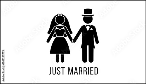Just married. Lettering phrase on white background. Design element for greeting card, t shirt, poster. Vector illustration
