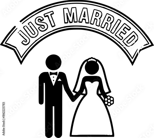 Just married. Lettering phrase on white background. Design element for greeting card, t shirt, poster. Vector illustration
