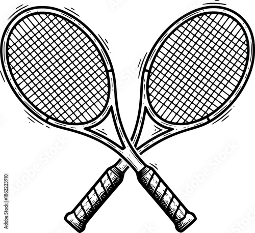 Tennis racket crossed sketch engraving black and white outline. Scratch board imitation. illustrated in vintage line art style on a white background.

