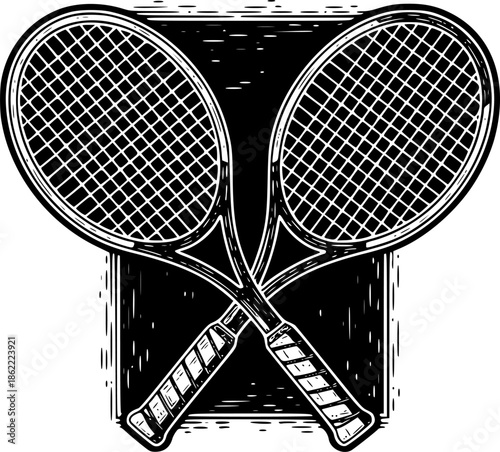 Tennis racket crossed sketch engraving black and white outline. Scratch board imitation. illustrated in vintage line art style on a white background.
