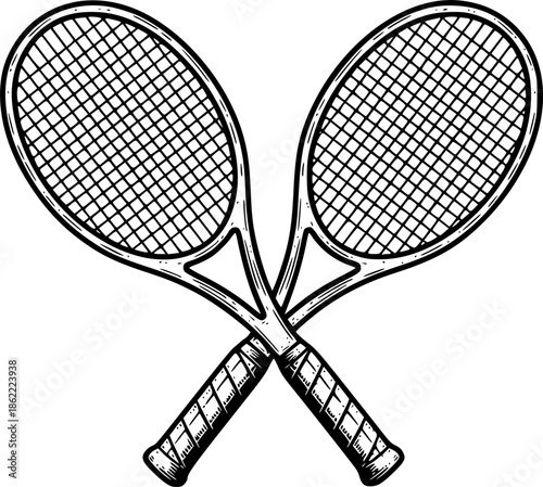 Tennis racket crossed sketch engraving black and white outline. Scratch board imitation. illustrated in vintage line art style on a white background.
