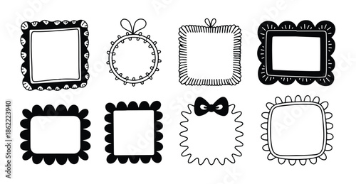 Set of black and white playful doodle frames and borders for creative design projects