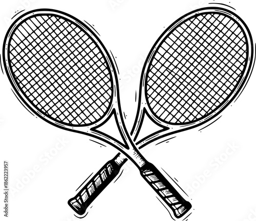 Tennis racket crossed sketch engraving black and white outline. Scratch board imitation. illustrated in vintage line art style on a white background.
