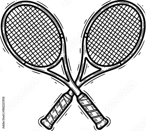 Tennis racket crossed sketch engraving black and white outline. Scratch board imitation. illustrated in vintage line art style on a white background.
