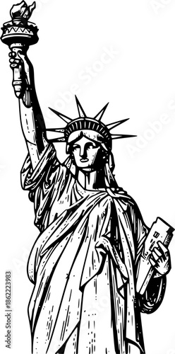 Liberty statue sketch engraving black and white outline. Scratch board imitation. illustrated in vintage line art style on a white background.

