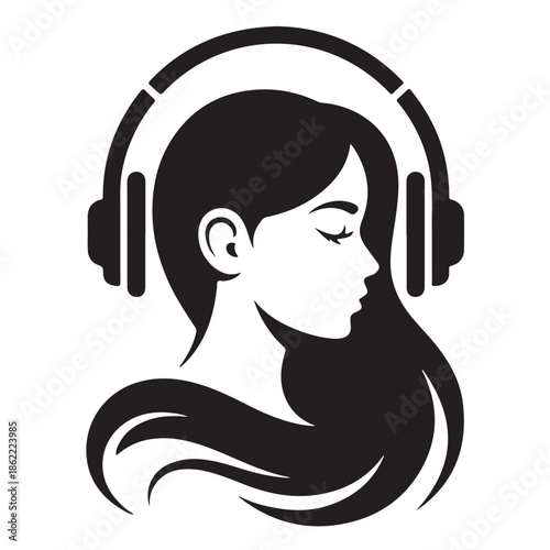 Silhouette Profile Girl Listening: Vector Design Featuring Feminine Figure with Headphones Emphasizing Grace and Connection to Melodic Sounds on Transparent Backdrop