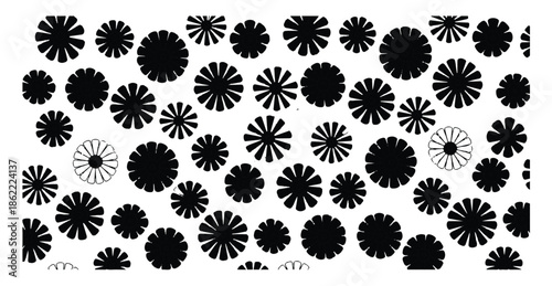 Black and white abstract floral patterns with different sized flower shapes on white background