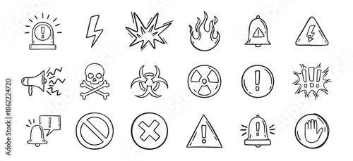 Warning doodle hand drawn icons set. Danger drawing sketch signs 